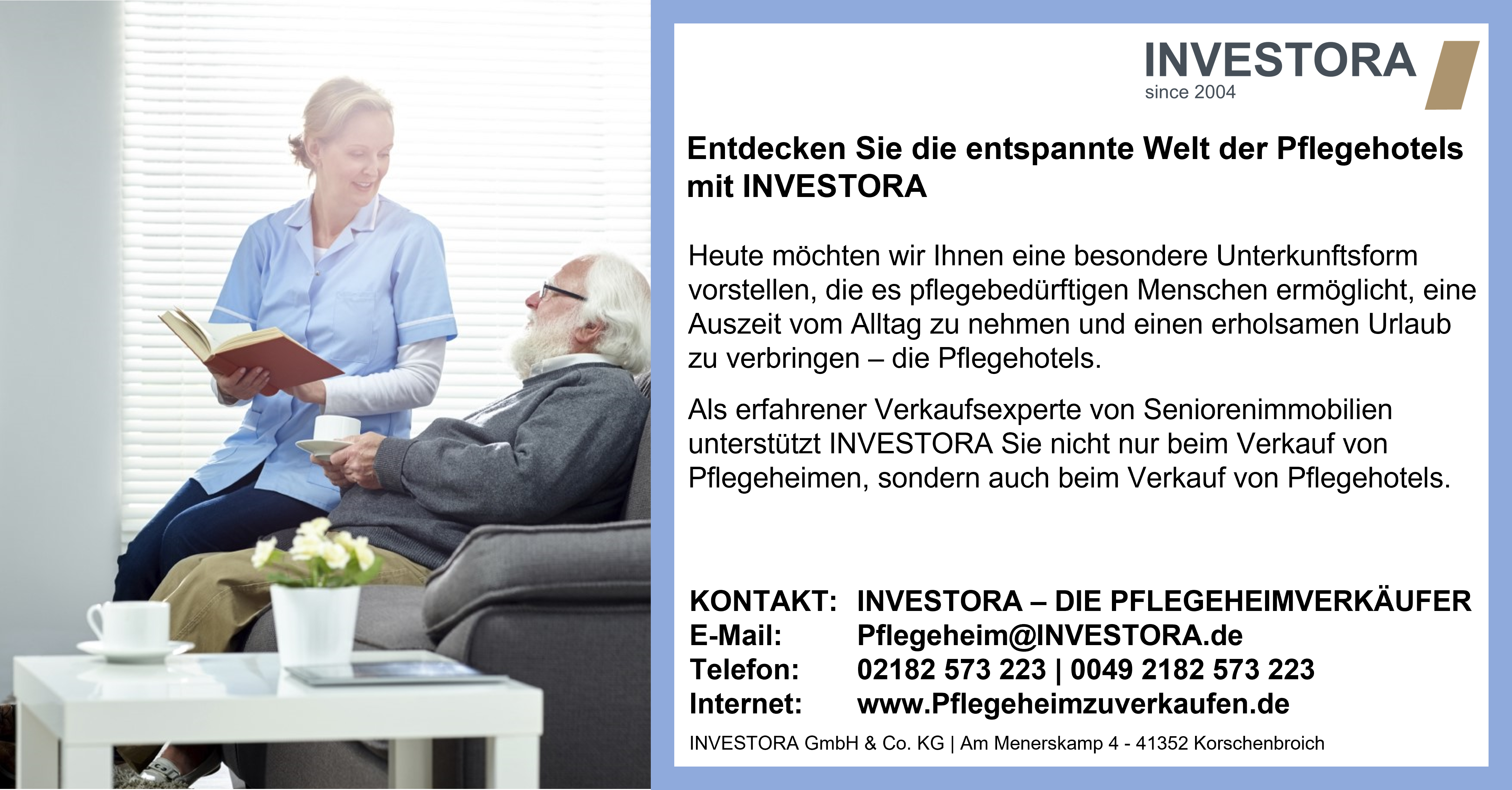 Entdecken Sie die entspannte Welt der Pflegehotels mit INVESTORA Heute möchten wir Ihnen eine besondere Unterkunftsform vorstellen, die es pflegebedürftigen Menschen ermöglicht, eine Auszeit vom Alltag zu nehmen und einen erholsamen Urlaub zu verbringen – die Pflegehotels. Als erfahrener Verkaufsexperte von Seniorenimmobilien unterstützt INVESTORA Sie nicht nur beim Verkauf von Pflegeheimen, sondern auch beim Verkauf von Pflegehotels. Pflegehotels sind eine Kombination aus Hotel und Pflegeeinrichtung, die sowohl den Pflegebedürftigen als auch den Pflegenden Entspannung und Abwechslung bieten. Hier können Sie gemeinsam mit Ihren Angehörigen eine Auszeit genießen, ohne auf die erforderliche Pflege und Betreuung verzichten zu müssen. Ein hoteleigener Pflegedienst kümmert sich um Ihre Bedürfnisse und sorgt dafür, dass Sie einen erholsamen Urlaub verbringen können. Die Angebote in Pflegehotels sind vielfältig und auf Ihre Entspannung ausgerichtet. Von Wellness- und Spa-Bereichen über Fitnessprogramme bis hin zu speziellen Ernährungsplänen und Diäten in der Hotelgastronomie – hier wird für Ihr Wohlbefinden gesorgt. Darüber hinaus bieten viele Pflegehotels auch Unterhaltungsprogramme an, um Ihren Aufenthalt abwechslungsreich und angenehm zu gestalten. Die Versorgung der Pflegebedürftigen wird im Pflegehotel je nach Ihren persönlichen Präferenzen ganz oder teilweise von Fachpersonal übernommen. Sie können selbst entscheiden, ob Sie Ihre Zeit vor Ort gemeinsam mit Ihren Angehörigen verbringen möchten oder auch getrennte Aktivitäten unternehmen möchten. Die Flexibilität und individuelle Betreuung stehen im Mittelpunkt. Wenn es um die Finanzierung Ihres Aufenthalts geht, können Sie je nach Pflegehotel ab Pflegegrad 2 die Leistungen für Kurzzeit- oder Verhinderungspflege nutzen. Es ist jedoch wichtig, vor der Buchung mit Ihrer Pflegeversicherung zu sprechen, da die Erstattungsfähigkeit der Kosten von den gesetzlichen Bestimmungen und den individuellen Regelungen der Hotels abhängt. Bitte beachten Sie, dass die Ausstattung und die angebotenen Leistungen von Pflegehotel zu Pflegehotel variieren können. Es empfiehlt sich daher, vor der Buchung Kontakt mit einem Ansprechpartner vor Ort aufzunehmen, um Ihre individuellen Bedürfnisse und Anforderungen abzustimmen. Als erfahrener Verkaufsexperte für Pflegehotels steht Ihnen INVESTORA mit fundiertem Fachwissen und einer langjährigen Erfahrung zur Seite. Wenn Sie Ihr Pflegehotel verkaufen möchten, unterstützen wir Sie professionell und zielgerichtet bei Ihrem Vorhaben. Ihr nächster Schritt: Kontaktieren Sie uns noch heute und entdecken Sie mit INVESTORA die vielfältigen Möglichkeiten der Pflegehotels. Schildern Sie uns vertrauensvoll Ihre aktuelle Situation. Danach erstellen wir Ihnen ein auf Ihre Wünsche zugeschnittenes qualifiziertes Angebot. Wir freuen uns auf Ihre Kontaktaufnahme unter: Ihr Ansprechpartner: Holger Käunicke Holger Käunicke freut sich auf Ihre Kontaktaufnahme unter: E- Mail: pflegeheim@investora.de Telefon: 02182 573 223