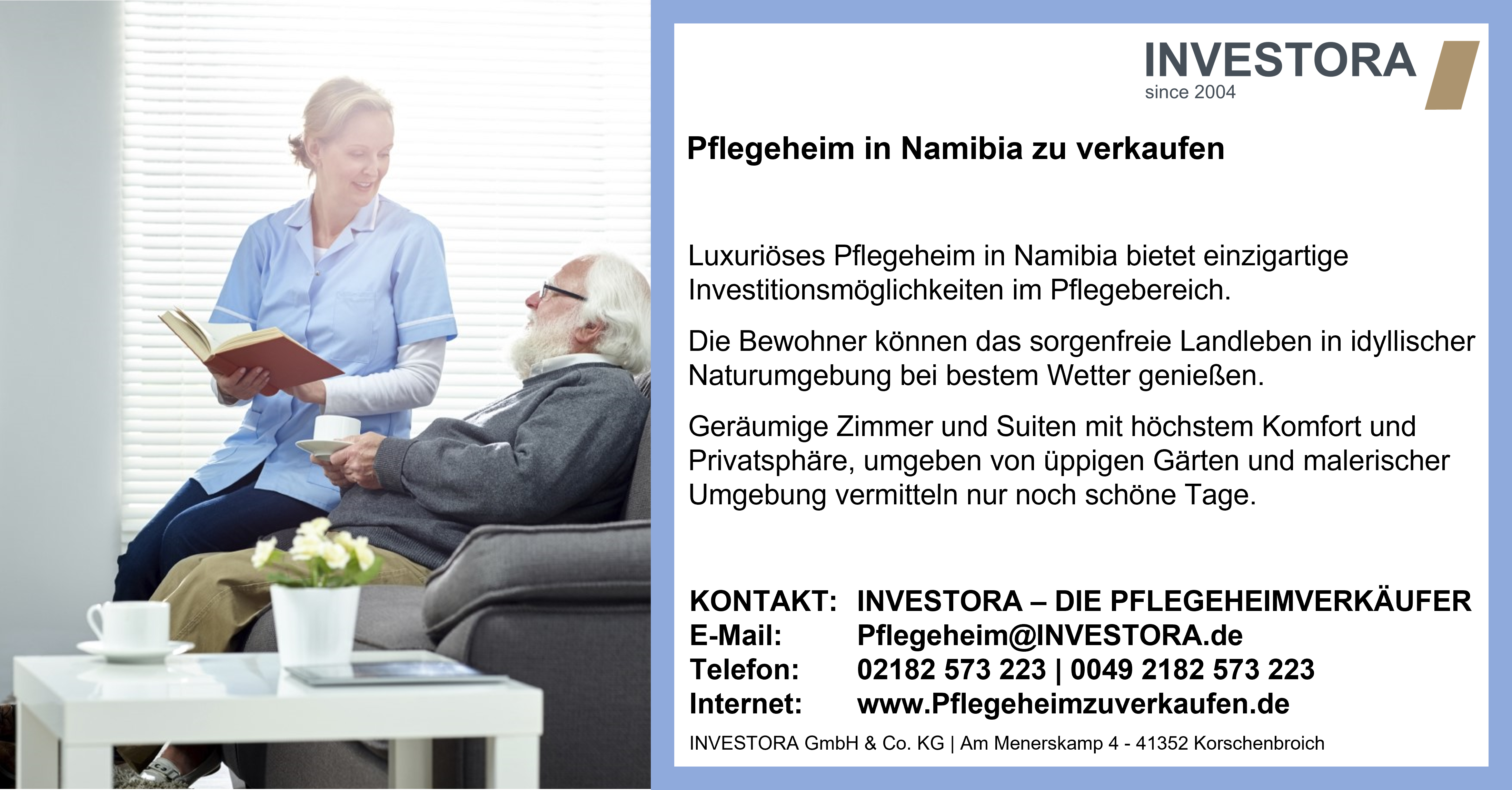 Willkommen im luxuriösen Pflegeheim in Namibia - Ihrem Rückzugsort inmitten der Natur! Suchen Sie eine einzigartige Investitionsmöglichkeit im Pflegebereich? Dann sind Sie hier genau richtig! Unser exklusives Pflegeheim befindet sich in einer ruhigen Umgebung, nur 50 km von Windhoek, der Hauptstadt Namibias, entfernt. Hier können Ihre Bewohner das sorgenfreie Landleben genießen und in aller Seelenruhe leben. Diese Anlage bietet eine Vielzahl von Möglichkeiten, um mit Ihren Lieben und der Natur in Verbindung zu bleiben. Die idyllische Landschaft lädt zu einem gesunden Lebensstil ein und ermöglicht es den Bewohnern, die Natur in vollen Zügen zu erleben. Luxuriösen Zimmer und Suiten bieten den Bewohnern höchsten Komfort und Privatsphäre. Von den insgesamt 38 geräumigen Zimmern sind bereits 21 eingerichtet. Jedes Zimmer verfügt über eine Klimaanlage, Fußbodenheizung, ein eigenes Bad und eine Kochnische mit allen notwendigen Annehmlichkeiten. Die Zimmer öffnen sich zu einer überdachten Terrasse oder einem Balkon und bieten einen atemberaubenden Blick auf die üppigen Gärten und die malerische Umgebung. Darüber hinaus bieten wir auch spezialisierte Zimmer für gebrechliche Personen sowie zwei großzügige Suiten mit separatem Wohnbereich an. Dieses Pflegeheimangebot richtet sich an Privatinvestoren aus dem Pflegebereich, die ihren Traum in einem anderen Land verwirklichen möchten, sowie an professionelle Kapitalinvestoren, die nach besonderen Pflegeeinrichtungen suchen. Überzeugen Sie sich selbst von diesem außergewöhnlichen Pflegeheim in Namibia! Setzen Sie Ihren nächsten Schritt und kontaktieren Sie uns noch heute, um weitere Informationen zu erhalten und die Möglichkeiten einer Investition zu besprechen. Wir freuen uns darauf, Ihnen bei der Verwirklichung Ihrer Träume behilflich zu sein. Ihr nächster Schritt: Kontaktieren Sie uns jetzt und entdecken Sie die einzigartige Gelegenheit, Ihr Pflegeheim in Namibia zu erwerben! Holger Käunicke freut sich auf Ihre Kontaktaufnahme unter: E- Mail: pflegeheim@investora.de Telefon: 02182 573 223