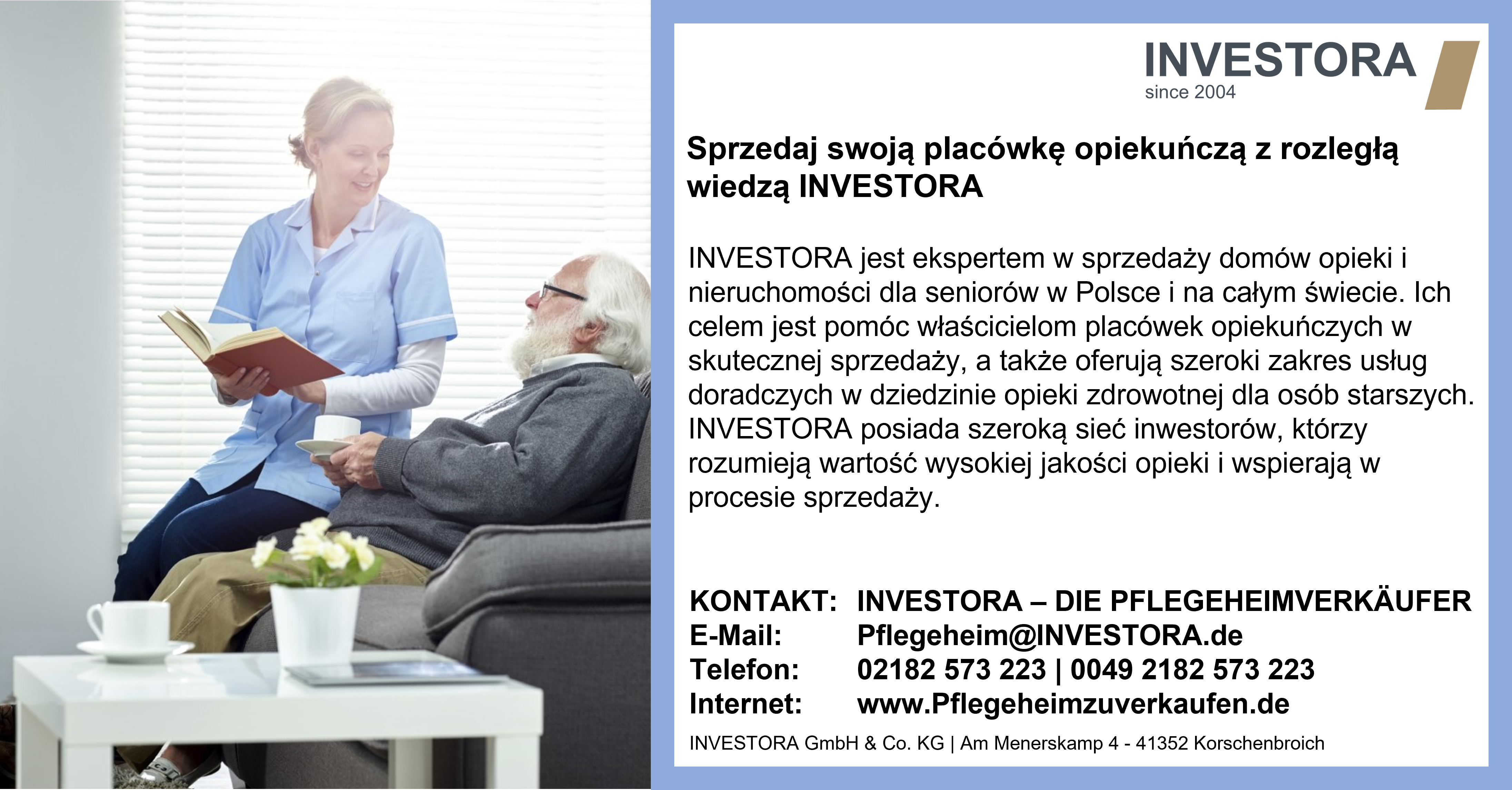 Skorzystaj z rozległej wiedzy INVESTORA w dziedzinie opieki nad osobami starszymi i sprzedaj swoją polską placówkę opiekuńczą! INVESTORA to ekspert w sprzedaży domów opieki i nieruchomości dla seniorów, posiadający wieloletnie doświadczenie w sektorze opieki zdrowotnej dla osób starszych. Specjalizujemy się w sprzedaży domów opieki i naszym celem jest pomoc właścicielom placówek opiekuńczych w skutecznym ich sprzedaży. Myślimy tutaj o dużych miastach takich jak Warszawa, Kraków, Łódź, Wrocław, Poznań, Gdańsk, Szczecin, Bydgoszcz, Lublin, Katowice, Białystok, Gdynia, Częstochowa i Radom. Jako eksperci w dziedzinie opieki zdrowotnej dla osób starszych doskonale rozumiemy wyzwania i potrzeby tego sektora. Zrozumienie, że sprzedaż domu opieki dotyczy nie tylko aspektów finansowych, ale także zapewnienia ciągłej, wysokiej jakości opieki dla mieszkańców. Dzięki naszej szerokiej sieci krajowych i międzynarodowych inwestorów jesteśmy w stanie skierować poszukiwania na osoby zainteresowane opieką zdrowotną dla osób starszych, które rozumieją wartość wysokiej jakości opieki. Zapewniamy, że potencjalni nabywcy mają odpowiednią wiedzę fachową i stabilność finansową, aby zapewnić płynne przejęcie prowadzenia placówki. Ponadto, wspieramy Cię w tworzeniu przekonującej oferty sprzedaży, która podkreśla unikalne cechy i korzyści Twojej placówki. Nasi doświadczeni eksperci w sprzedaży towarzyszą Ci przez cały proces i służą swoją wiedzą i doświadczeniem. Jako część rynku nieruchomości dla seniorów, rozumiemy znaczenie podejścia holistycznego do dobrostanu osób starszych. Dlatego oprócz sprzedaży domów opieki, oferujemy również szeroki zakres usług doradczych, pomagając Ci w opracowaniu i wdrożeniu innowacyjnych koncepcji nieruchomości dla seniorów. Wspieramy Cię w optymalizacji Twojej placówki i tworzeniu atrakcyjnego środowiska, które spełnia potrzeby i pragnienia osób starszych. Skorzystaj z tej wyjątkowej okazji, aby skutecznie sprzedać swoją placówkę opiekuńczą w dziedzinie opieki zdrowotnej dla osób starszych. Skontaktuj się dzisiaj z INVESTORA i razem rozpocznijmy proces sprzedaży. INVESTORA - Twój partner w skutecznej sprzedaży domów opieki w dziedzinie opieki zdrowotnej dla osób starszych w Polsce i na całym świecie. Dążymy do zapewnienia starszym osobom wysokiej jakości opieki i jakości życia. Twój kolejny krok: Opowiedz nam w pełni o swojej aktualnej sytuacji. Następnie przedstawimy Ci ofertę dostosowaną do Twoich życzeń. Holger Käunicke czeka na Twój kontakt pod: E-mail: pflegeheim@investora.de Telefon: 0049 2182 573 223