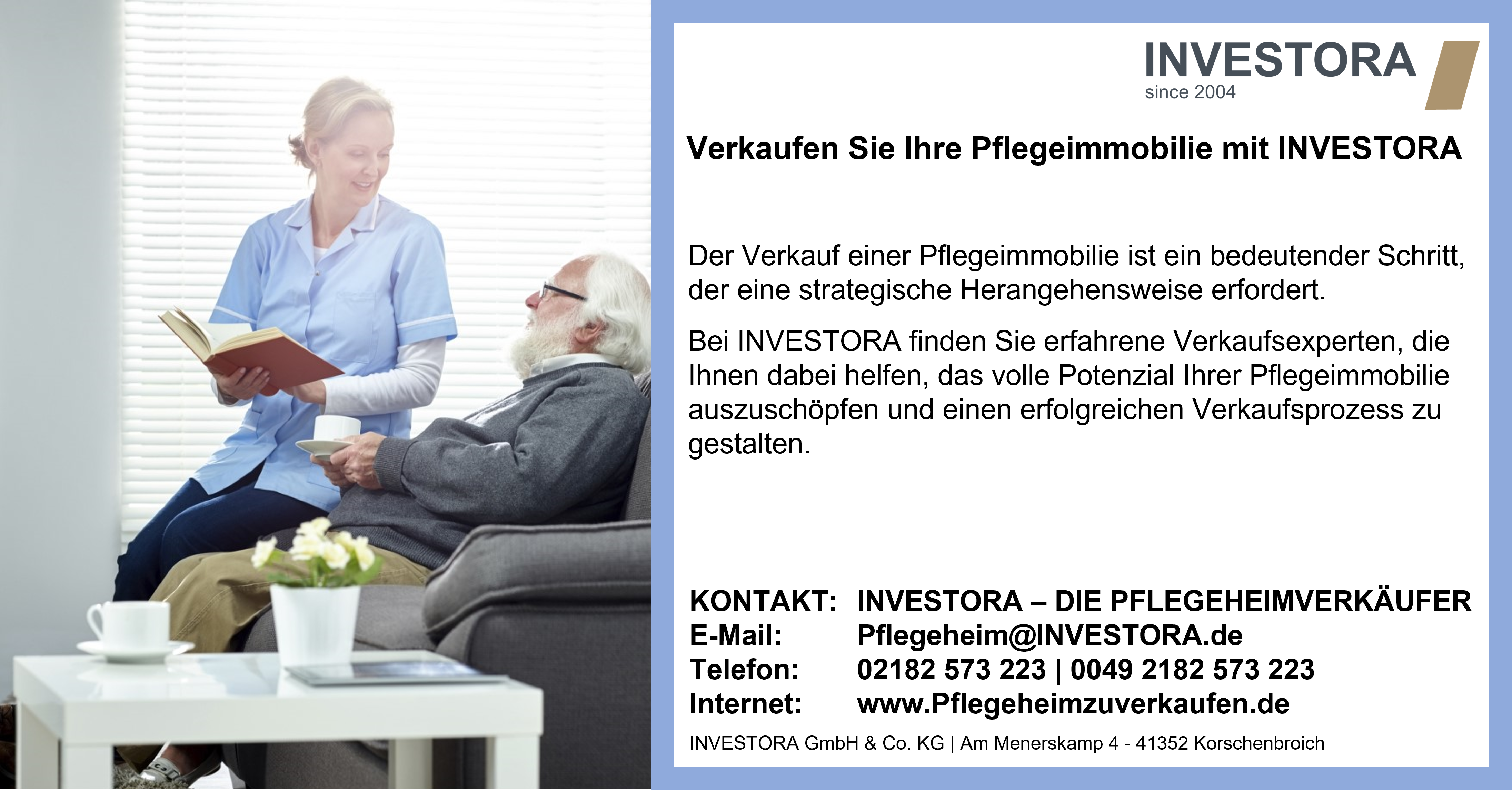 Investieren Sie in Ihren Erfolg: Verkaufen Sie Ihre Pflegeimmobilie mit INVESTORA Der Verkauf einer Pflegeimmobilie ist ein bedeutender Schritt, der eine strategische Herangehensweise erfordert. Bei INVESTORA finden Sie erfahrene Verkaufsexperten, die Ihnen dabei helfen, das volle Potenzial Ihrer Pflegeimmobilie auszuschöpfen und einen erfolgreichen Verkaufsprozess zu gestalten. Der Markt für Pflegeimmobilien ist lebhaft und bietet attraktive Chancen für Investoren. Die steigende Nachfrage nach Pflegeeinrichtungen aufgrund der demografischen Entwicklung und die kontinuierliche Suche nach sicheren Anlagemöglichkeiten machen Pflegeimmobilien zu einer gefragten Assetklasse. Bei INVESTORA verstehen wir die Besonderheiten des Pflegeimmobilienmarktes und verfügen über umfassende Branchenkenntnisse. Wir kennen die aktuellen Trends, die rechtlichen Rahmenbedingungen und die Anforderungen potenzieller Käufer. Mit diesem Wissen unterstützen wir Sie dabei, Ihre Pflegeimmobilie optimal zu positionieren und den Verkaufsprozess effizient zu gestalten. Unser Team begleitet Sie von Anfang bis Ende und bietet Ihnen maßgeschneiderte Lösungen für den erfolgreichen Verkauf Ihrer Pflegeimmobilie. Wir organisieren die Bewertung Ihrer Immobilie, erstellen ein aussagekräftiges Exposé, identifizieren potenzielle Käufer und führen die vertraulichen Verhandlungen in Ihrem Interesse. Unser Ziel ist es, den bestmöglichen Verkaufspreis für Ihre Pflegeimmobilie zu erzielen und Ihnen einen reibungslosen Übergang zu ermöglichen. INVESTORA zeichnet sich durch langjährige Erfahrung und ein umfangreiches Netzwerk von Investoren und potenziellen Käufern aus. Wir wissen, wie wir Ihre Pflegeimmobilie erfolgreich vermarkten können und stehen Ihnen mit unserem Fachwissen und unserer Expertise zur Seite. "Erfolgreicher Verkauf Ihrer Pflegeimmobilie mit INVESTORA - Experten für den Verkauf von Pflegeimmobilien. Profitieren Sie von unserer Erfahrung und Branchenkenntnis." Ihr nächster Schritt: Kontaktieren Sie uns noch heute, um Ihre Pflegeimmobilie zu verkaufen und von unseren erstklassigen Verkaufsdienstleistungen zu profitieren. Wir freuen uns darauf, mit Ihnen zusammenzuarbeiten und Ihnen dabei zu helfen, Ihre Ziele zu erreichen. Schildern Sie uns vertrauensvoll Ihre aktuelle Situation. Danach erstellen wir Ihnen ein auf Ihre Wünsche zugeschnittenes qualifiziertes Angebot. Ihr Ansprechpartner, Holger Käunicke, erwartet gespannt Ihren Anruf oder Ihre E-Mail, um sofort aktiv zu werden und Ihr Anliegen anzugehen: E- Mail: pflegeheim@investora.de Telefon: 02182 573 223 Vergessen Sie nicht, dass das erste Beratungsgespräch absolut kostenfrei für Sie ist. Zögern Sie nicht, sondern ergreifen Sie jetzt die Chance, von unserer Expertise zu profitieren.