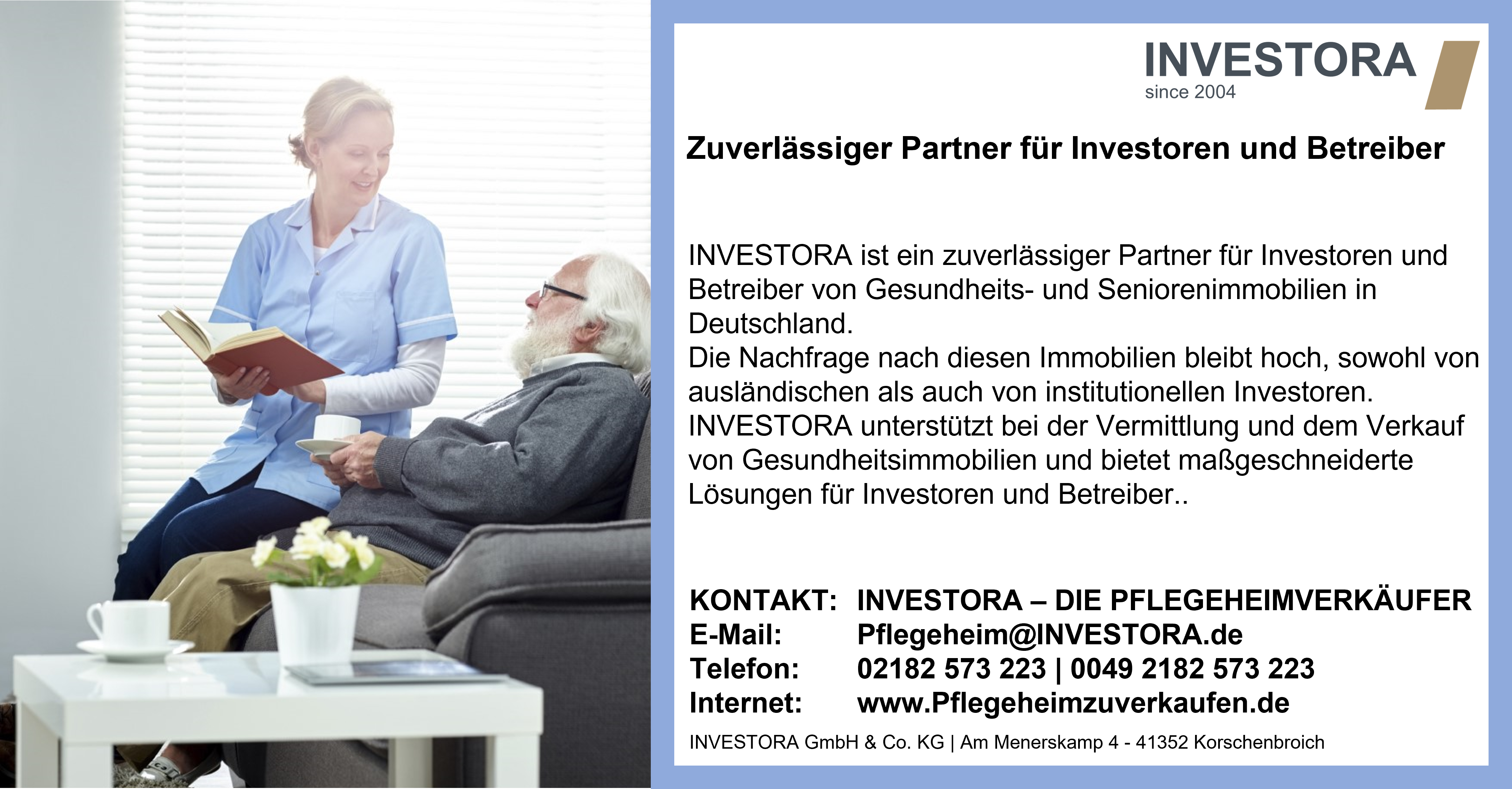 INVESTORA - Ihr zuverlässiger Partner für Investoren und Betreiber von Gesundheits- und Seniorenimmobilien in Deutschland. Auch im Jahr 2023 wird die Nachfrage nach Gesundheits- und Seniorenimmobilien in Deutschland kontinuierlich hoch bleiben. Dabei sind neben ausländischen Investoren vermehrt auch institutionelle Investoren aus Deutschland von den krisenfesten und wertstabilen Assetklassen überzeugt. Sie erkennen das Potenzial dieser Betreiberimmobilien mit langfristig gesicherten Miet- und Pachteinnahmen und verlagern ihre Bestandsportfolios entsprechend. Trotz dieser positiven Entwicklung gibt es eine Herausforderung: Der spürbare Mangel an zum Verkauf stehenden Gesundheitsimmobilien könnte das Transaktionsgeschehen limitieren. Doch hier kommt INVESTORA ins Spiel. Als erfahrener Experte für den Verkauf und die Vermittlung von Gesundheits- und Seniorenimmobilien verfügen wir über ein umfangreiches Netzwerk und kennen die Bedürfnisse der Investoren und Betreiber genau. Unser Team von Fachleuten analysiert den Markt genau und ermittelt für Sie maßgeschneiderte Lösungen. Wir sind bestens vertraut mit den aktuellen Trends und Entwicklungen in der Branche. Dabei erkennen wir frühzeitig das Potenzial von Bestandsobjekten, die eine Revitalisierung benötigen, um den steigenden Anforderungen gerecht zu werden. Besonders im Fokus stehen hier Pflegeheime, die den aktuellen gesetzlichen Anforderungen, wie beispielsweise Einzelzimmerregelungen, gerecht werden müssen. Durch unsere umfassende Expertise und unsere professionelle Herangehensweise unterstützen wir Sie dabei, die bestmöglichen Ergebnisse zu erzielen. Unser Ziel ist es, langfristige Partnerschaften aufzubauen und gemeinsam mit Ihnen erfolgreich zu sein. Kontaktieren Sie INVESTORA noch heute und profitieren Sie von unserer Fachkenntnis und unserem Engagement. Wir stehen Ihnen als kompetenter Partner zur Seite, um Ihre Ziele im Bereich der Gesundheits- und Seniorenimmobilien zu verwirklichen. INVESTORA - Ihr Partner für den erfolgreichen Verkauf und die Vermittlung von Gesundheits- und Seniorenimmobilien in Deutschland. Ihr nächster Schritt: Schildern Sie uns vertrauensvoll Ihre aktuelle Situation. Danach erstellen wir Ihnen ein auf Ihre Wünsche zugeschnittenes qualifiziertes Angebot. Holger Käunicke freut sich auf Ihre Kontaktaufnahme unter: E- Mail: pflegeheim@investora.de Telefon: 02182 573 223